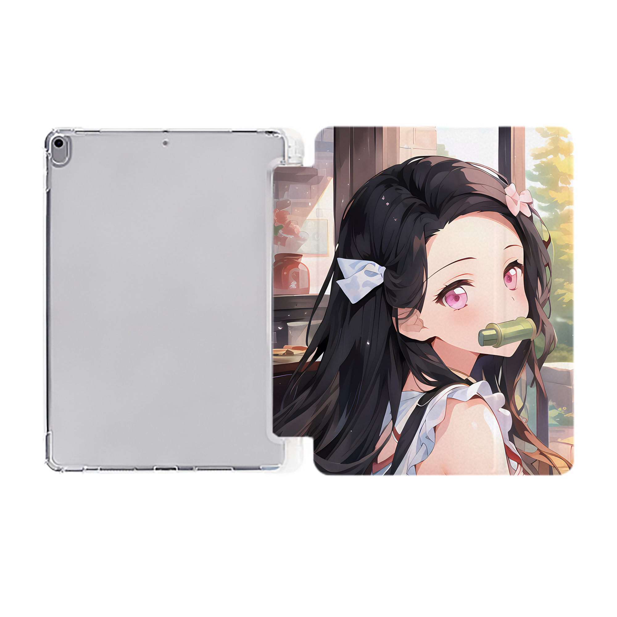 （画像用） 鬼滅の刃（きめつのやいば）竈門 禰󠄀豆子／かまど ねずこ Kamado Nezuko IPad ケース ペン収納付き 三つ折りスタンド PUレザー×シリコン 対応機種9.5/10.5/10.9インチ